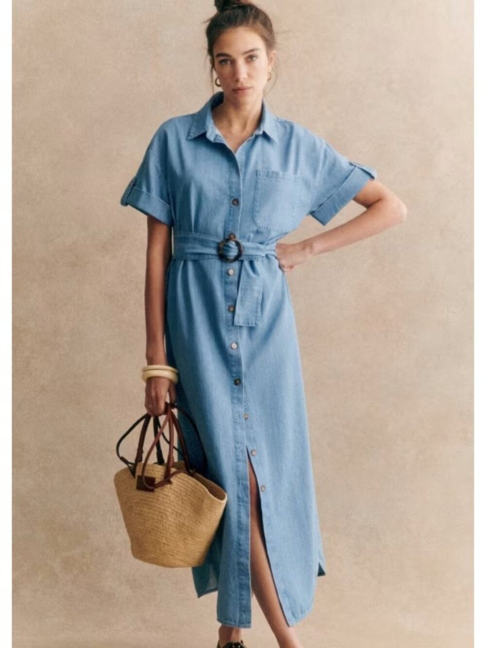 NWT Sezane Dora in Light Blue Chambray Belted Long Shirt Dress 42 / US 10